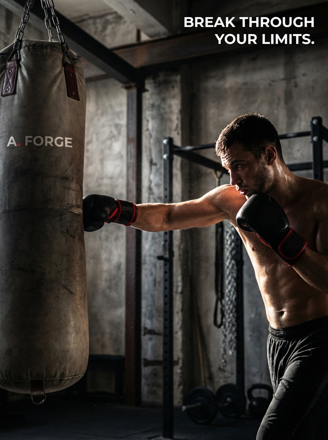 Boxer throwing a powerful punch at a heavy bag in a dark industrial gym